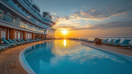Poster - A tranquil cruise ship deck features a beautifully illuminated pool as the sun sets on the horizon, casting warm colors across the sky and water.