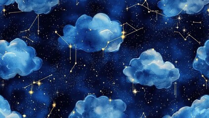 Wall Mural - Soft watercolor clouds in varying shades of blue create a dreamy sky.