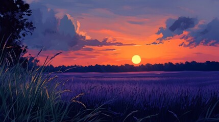 Wall Mural - Vibrant sunset over a purple field, tall grass in foreground.