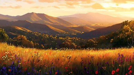 Wall Mural - Vibrant sunset over rolling hills and wildflowers.