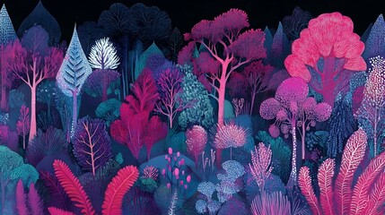 Wall Mural - vibrant, surreal forest scene with pink, purple, and blue trees and plants against a black backgroun