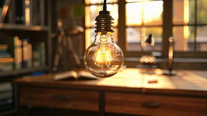 Poster - Cozy Workspace with Glowing Light Bulb Above Wooden Desk, Illuminated by Warm Sunlight for Serene Creativity and Inspiration