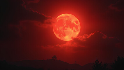 Wall Mural - Fantasy full red moon Horror spooky Halloween concept Cloudy night sky lit by a large closeup of a full moon in a glowing fantasy ethereal moon