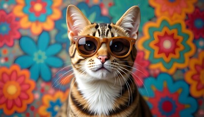 Fototapete - A trendy cat rocking sunglasses with a lively, colorful backdrop full of vibrant patterns background