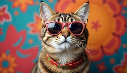 Aufkleber - A trendy cat rocking sunglasses with a lively, colorful backdrop full of vibrant patterns background
