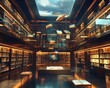 © Tonton54 - creativity startup expansion concept. Futuristic library with floating books and illuminated shelves under a starry ceiling.