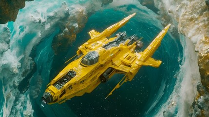 Wall Mural - yellow spaceship flying through a vibrant turquoise and gold cosmic nebula.