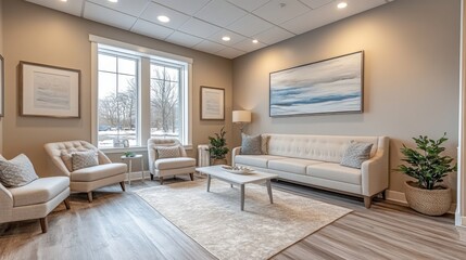Poster - A welcoming waiting area features soft-toned furniture and large windows allowing ample natural light. The peaceful atmosphere is ideal for relaxation while waiting.