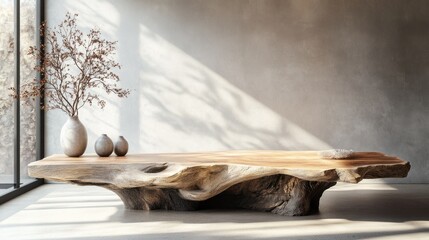 Poster - A stunning rustic wooden table showcases its unique trunk shape, adorned with simple vases and dried flowers. Sunlight streams in, casting beautiful shadows on the walls, creating a serene atmosphere