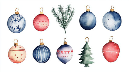 Wall Mural - Colorful festive ornaments in various designs, including blue, red, and patterned balls, alongside green pine branch, perfect for holiday decorations