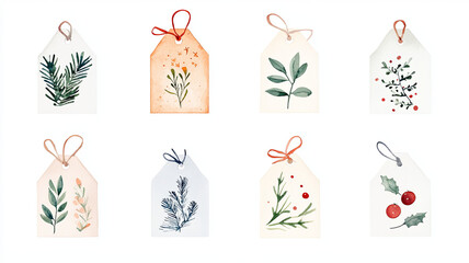 Wall Mural - Beautiful watercolor gift tags featuring various botanical designs, including leaves, berries, and floral elements. Perfect for adding personal touch to gifts during holiday season