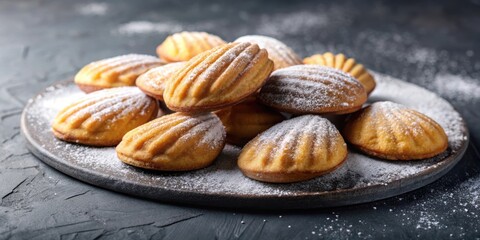 Sticker - French madeleines cookies with icing sugar on a stone plate, French, madeleines, cookies, icing sugar, stone plate, dessert