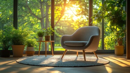 Poster - A comfortable chair is positioned on a soft rug, with sunlight streaming through large windows. Potted plants add life to the serene indoor space, creating a tranquil atmosphere.