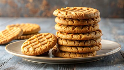 Wall Mural - Delicious stack of peanut butter cookies with melting centers on plate, peanut butter, cookies, sweet, dessert, homemade, snack