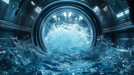 Poster - The interior of a high-tech water chamber captivates with vibrant blue waves in motion. Bright lights reflect off the smooth metallic walls, creating an immersive atmosphere of fluid energy