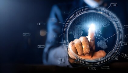 Poster - A hand reaching towards a glowing digital globe, symbolizing technology and global connectivity in a futuristic setting.