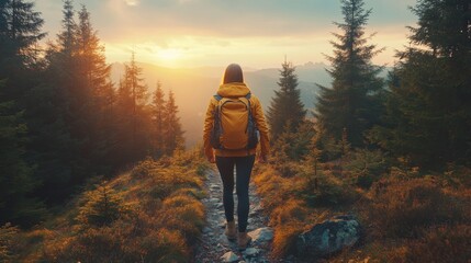 Poster - A person walks along a serene forest path, surrounded by trees, as the sun sets in the background, creating a warm, golden ambiance.