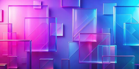 Sticker - Abstract geometric background with translucent glass in violet, pink, and blue gradient featuring simple square shapes