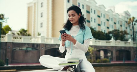 Aufkleber - Woman, student and phone for texting at campus with contact, mobile app and chat on web at college. Girl, person and smartphone with smile, books and check notification on social media in Costa Rica