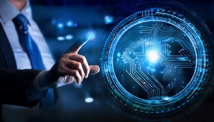 Poster - A businessman interacts with a futuristic digital interface, showcasing technology and innovation in a modern setting.