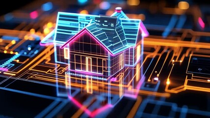 Poster - digital house model surrounded by circuit patterns showcasing smart home technology