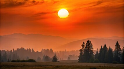 Wall Mural - Orange sun setting against a smoky Montana sky , dusk, vivid, colorful, nature, landscape, dramatic, vibrant, horizon