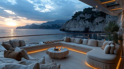 Poster - This beautiful outdoor lounge features plush seating arranged around a cozy table, set against the stunning backdrop of Capri at sunset.