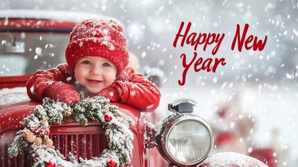 Sticker - Happy New Year! Adorable Toddler in Red Celebrates Winter Holidays