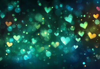 Leinwandbilder - A green background with small hearts and doodles in shades of neon