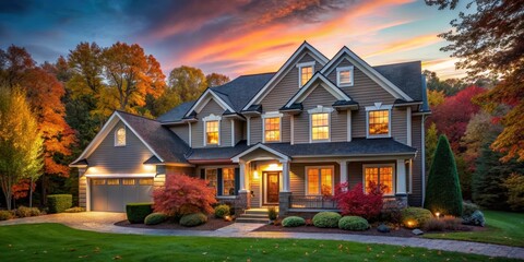 Wall Mural - Autumn scene of a residential house at twilight, autumn, residential, house, twilight, evening, fall, colors, foliage, home