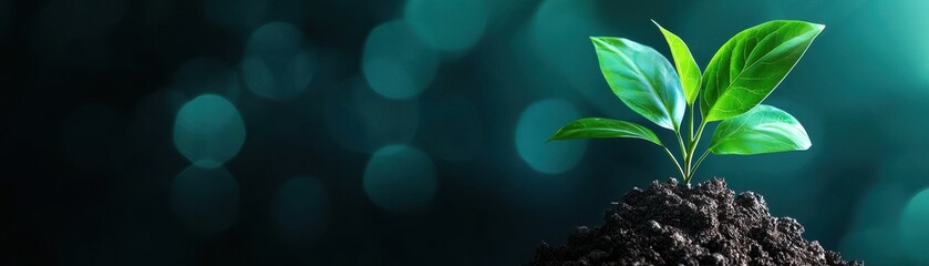 Aufkleber - A small green plant emerges from dark soil, symbolizing growth and renewal against a soft, blurred teal background.