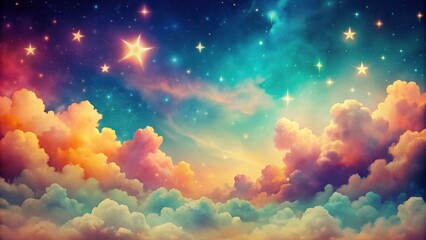 Wall Mural - Retro colorful sky with clouds and stars , vintage, sky, pattern, clouds, stars, retro, nostalgic, design, background