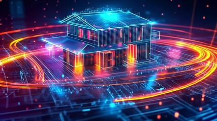 Poster - Futuristic house design with neon lights and digital elements set in a virtual landscape