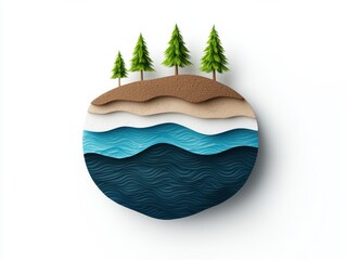 Aufkleber - A circular depiction of a serene landscape featuring sandy shores, layered waves, and vibrant trees, representing nature and tranquility.