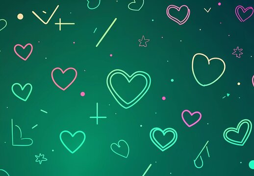 Vector green background with hearts and love symbols, glowing neon effect, digital art style, soft lighting, cute cartoon design, seamless pattern, flat illustration