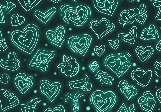 Vector green background with hearts and love symbols, glowing neon effect, digital art style, soft lighting, cute cartoon design, seamless pattern, flat illustration