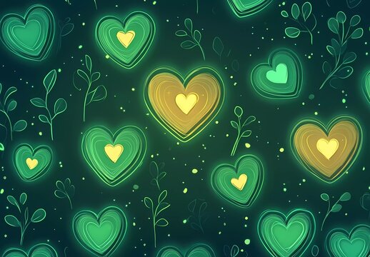 Vector green background with hearts and love symbols, glowing neon effect, digital art style, soft lighting, cute cartoon design, seamless pattern, flat illustration