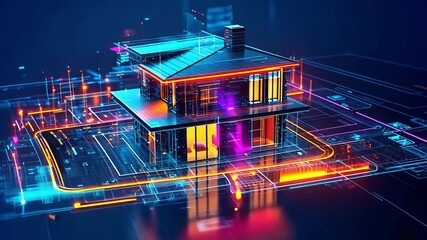 Poster - Digital model of a modern house with vibrant technology elements and digital layout