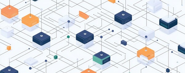 Poster - Abstract geometric pattern featuring interconnected shapes in various colors, illustrating concepts of technology, connectivity, and data flow.