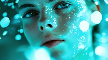 Poster - A detailed close-up of a face illuminated by glowing teal light dots, showcasing a blend of technology and beauty.