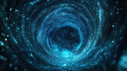 Poster - A mesmerizing cosmic vortex filled with swirling blue light and twinkling stars, resembling a wormhole or black hole in space.
