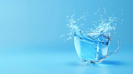 cup made of flowing water, constantly shifting on blue background