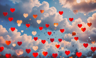 Poster - A sky full of red hearts with a blue background. The hearts are scattered all over the sky, creating a sense of love and warmth