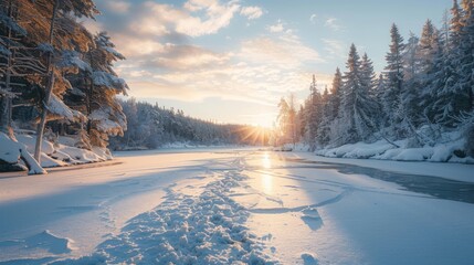 Wall Mural - The image showcases a frozen lake illuminated by a warm sunset, bordered by snow-laden pine trees. The peaceful scene evokes tranquility, with soft colors and a crisp, wintry atmosphere.