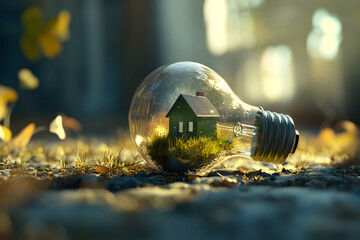 Wall Mural - A light bulb containing a miniature green house, symbolizing sustainability and innovation.