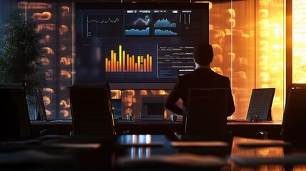Poster - Executive Analyzing Data in Modern Boardroom with Screens