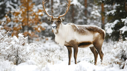 Fototapete - Majestic reindeer winter snow, pristine animal wildlife cold, rugged north arctic norway, untamed forest deer, nature wilderness nordic.