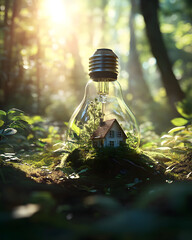 Wall Mural - A light bulb encasing a miniature house surrounded by greenery in a sunlit forest.