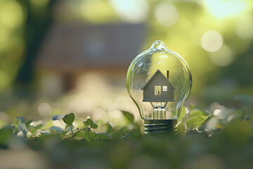 Wall Mural - A light bulb with a house inside, symbolizing eco-friendly living and sustainability.