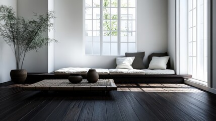 Poster - Elegant minimalist room with dark wood flooring, a simple bamboo coffee table, and soft linen cushions